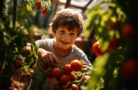 a boy standing in an indoor garden picking tomatoes,の素材