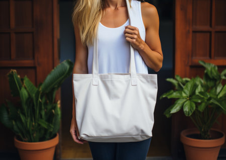 woman holding a tote bag against brick wall.の素材