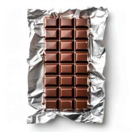 chocolate bar in silver wrapper isolated on white background.の素材
