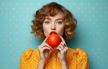 the woman in red wearing a top holding an orange slice in her mouth.の素材