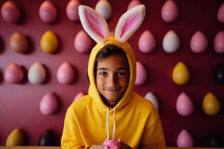 a young boy is holding an easter egg while wearing bunny ears.の素材
