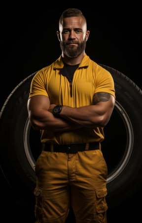 car mechanic holding tire on black backgroundの素材