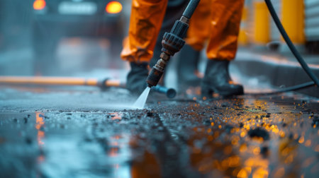 Workers Using Pressure Washer to Clean Driveways for Professional Cleaning Serviceの素材
