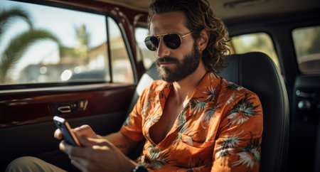 man in sunglasses is reaching out to his car and using his mobile phone.の素材