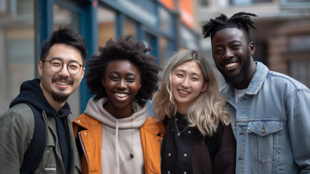 Friends laugh joyfully and look at the camera. Multinational and multiethnicの素材