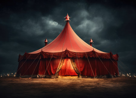 a circus tent at night with a red tent against white background.の素材