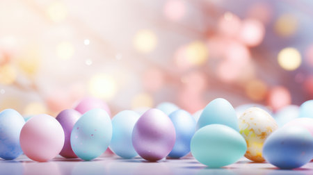 A colorful spring background with pastel-colored Easter eggs scattered throughout the image.の素材