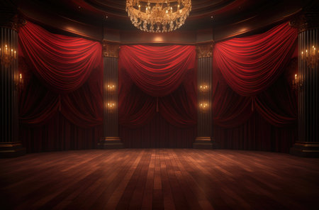 a cinematic stage with red curtains, lights, wood floors and spotlights.の素材