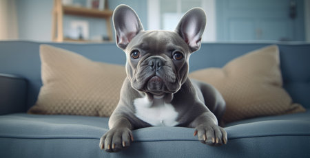 a French bulldog laying on top of a couch in a room.の素材