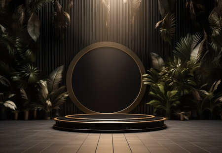 a gold medallion on the floor in front of tropical plants.の素材