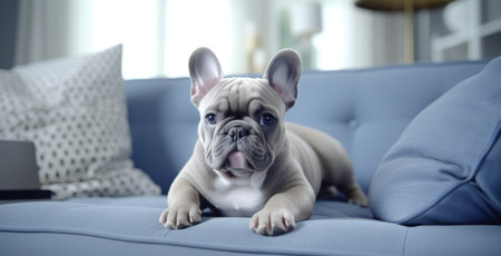 a French bulldog laying on top of a couch in a room.の素材