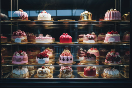 a display of cakes in a glass case,.の素材