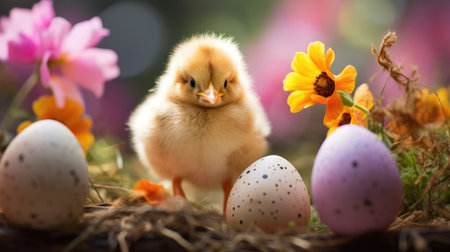 a cute chick hatching out of a speckled egg.の素材