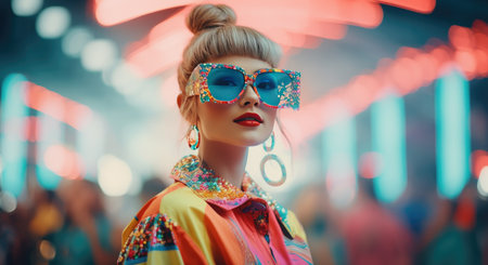 a girl wearing sunglasses at a concert.の素材