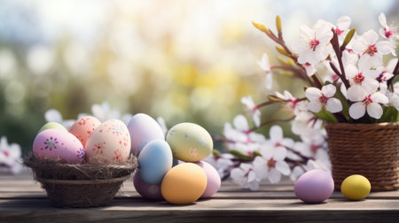 A rustic wooden table decorated with pastel Easter eggs and fresh flowers.の素材