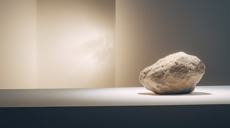 a rock sits in front of some white walls.の素材