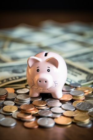 A piggy bank with the words "savings" written on it, surrounded by coins and dollar bills..の素材