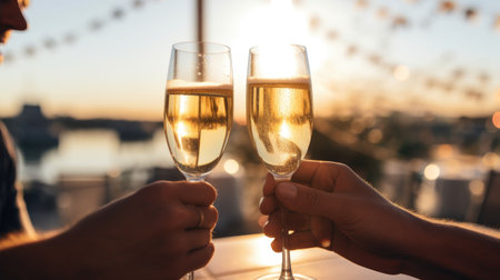 A photo of a couple toasting with champagne, symbolizing an engagement or wedding.の素材