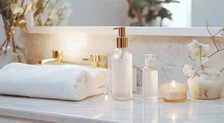 a white bathroom with marble countertops and several bathroom products.の素材