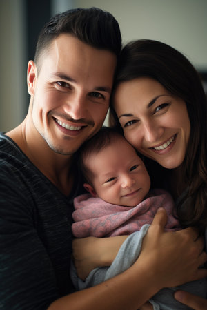 a happy couple holding their newborn baby, symbolizing the joy of welcoming a new child.の素材