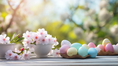 A rustic wooden table decorated with pastel Easter eggs and fresh flowers.の素材