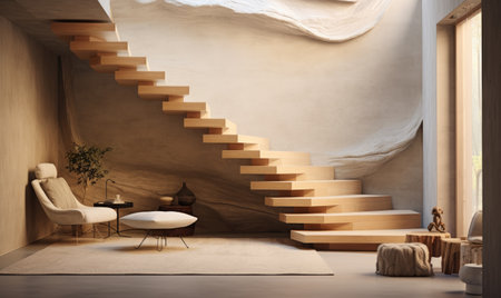 a small modern room with wooden stairs and wooden flooring.の素材