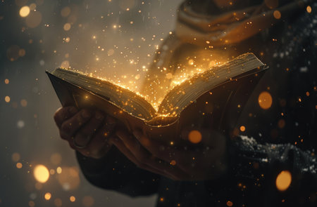 a person holding an open book in a dark background.の素材