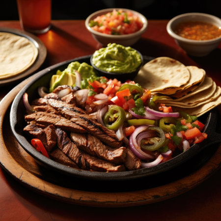 An appetizing photo of a sizzling plate of fajitas, served with warm tortillas, fresh pico de gallo.の素材