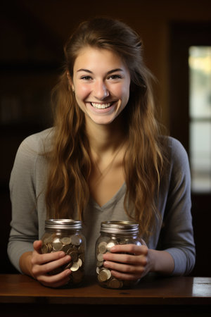A young woman holding a jar of coins and smiling at the camera.の素材