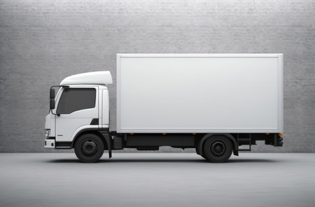 a white delivery truck on a gray floor,.の素材