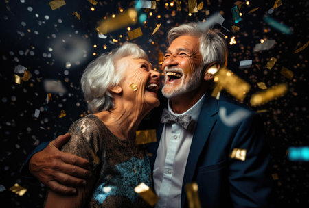 an elderly couple laughing, hugging and bouncing confetti.の素材