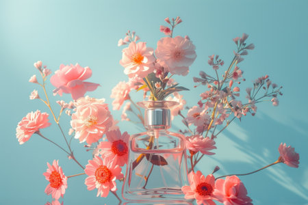 a bottle filled with perfume and flowers arranged on a blue background.の素材