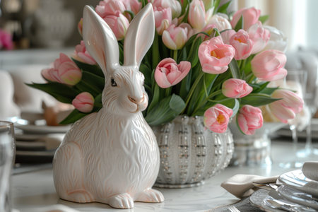 a table with pink flowers is sitting on the table.の素材
