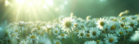 a field of daisies is in the sunlight with sun rays glare.の素材