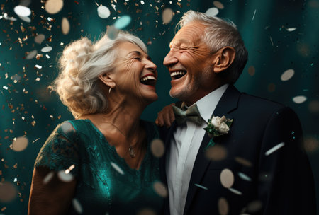 an elderly couple laughing, hugging and bouncing confetti.の素材