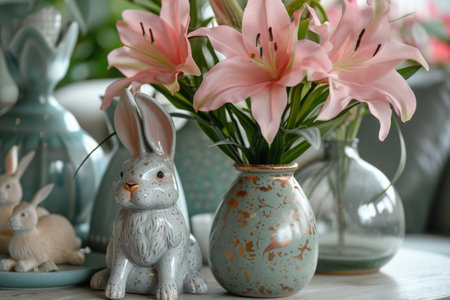 a table with pink flowers is sitting on the table.の素材