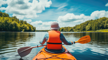A woman in her 60s kayaks on a lake, surrounded by beautiful nature.の素材