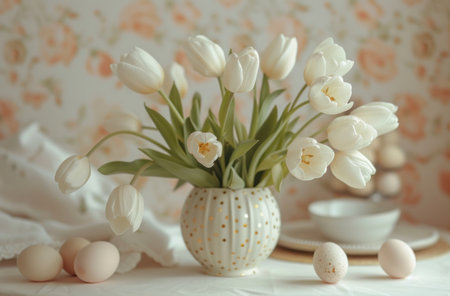 a table has white tulips and eggs on it.の素材