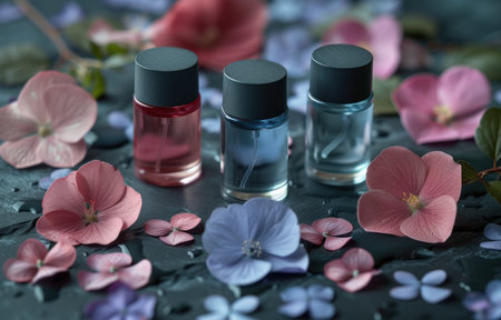 3 different small bottles of perfumes on a black surface.の素材