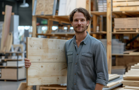 a man holding a board in a shop.の素材