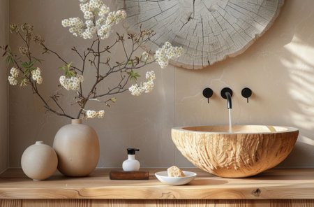 a wooden sink and white plant.の素材