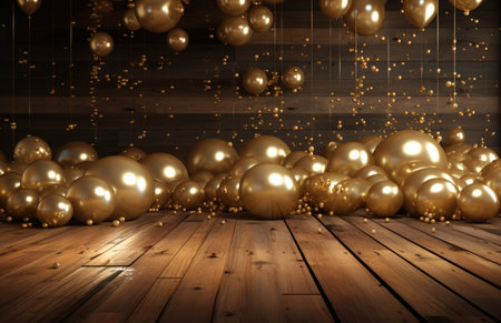 a wooden floor with golden balloons in the background.の素材