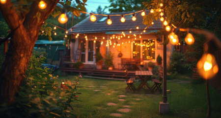 a backyard with string lights is lit up at night.の素材