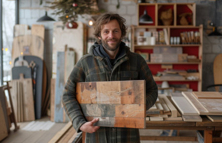 a man holding a board in a shop.の素材