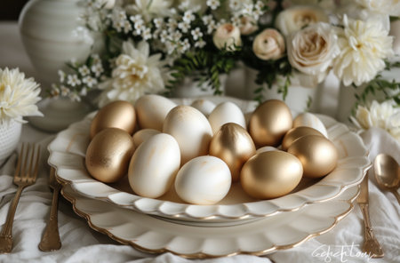 an Easter tablescape full of gold and white eggs on white cloth.の素材