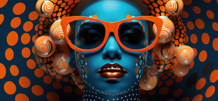 african afrobeats style orange and blue polka dots.の素材