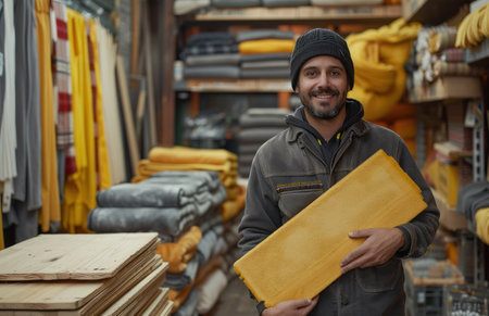 a construction worker is holding a wooden board in a shop.の素材