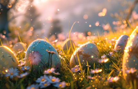 colorful easter eggs on the grass and flowers.の素材