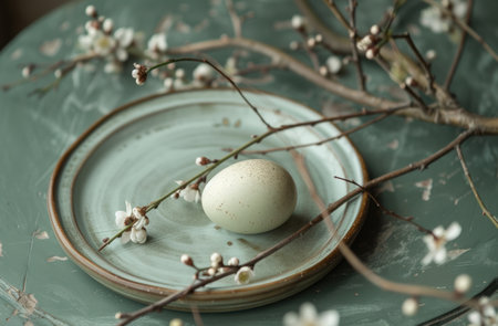 easter egg sitting on a platter with a branch.の素材