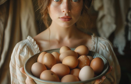 a woman holding a bowl filled with many eggs.の素材